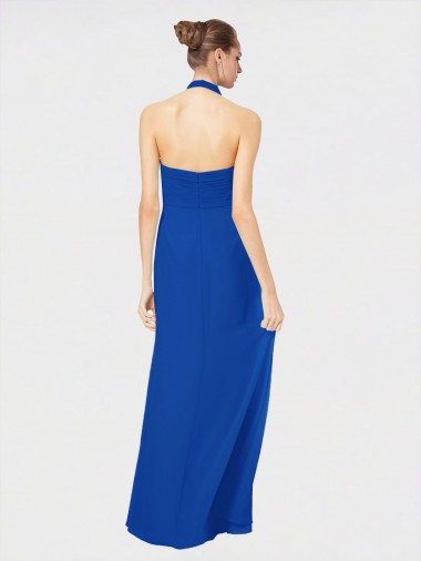 Azul Real Chiffon Linha A Lombar Cabeçada Longo Vestidos de Madrinha
