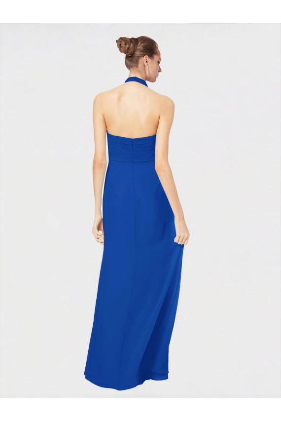 Azul Real Chiffon Linha A Lombar Cabeçada Longo Vestidos de Madrinha Acessíveis