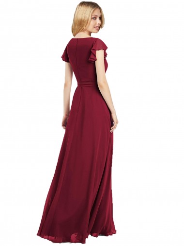 Azul Real Chiffon Linha A Mangas Esvoaçantes Decote V Longo Vestidos de Madrinha