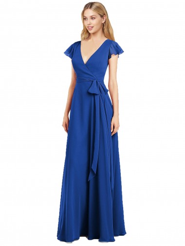 Azul Real Chiffon Linha A Mangas Esvoaçantes Decote V Longo Vestidos de Madrinha