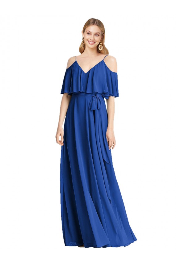 Azul Real Chiffon Linha A Ombro Frio Decote V Longo Vestidos de Madrinha Acessíveis