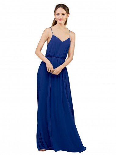 Azul Real Chiffon Linha A Sem Mangas Alças finas Longo Vestidos de Madrinha