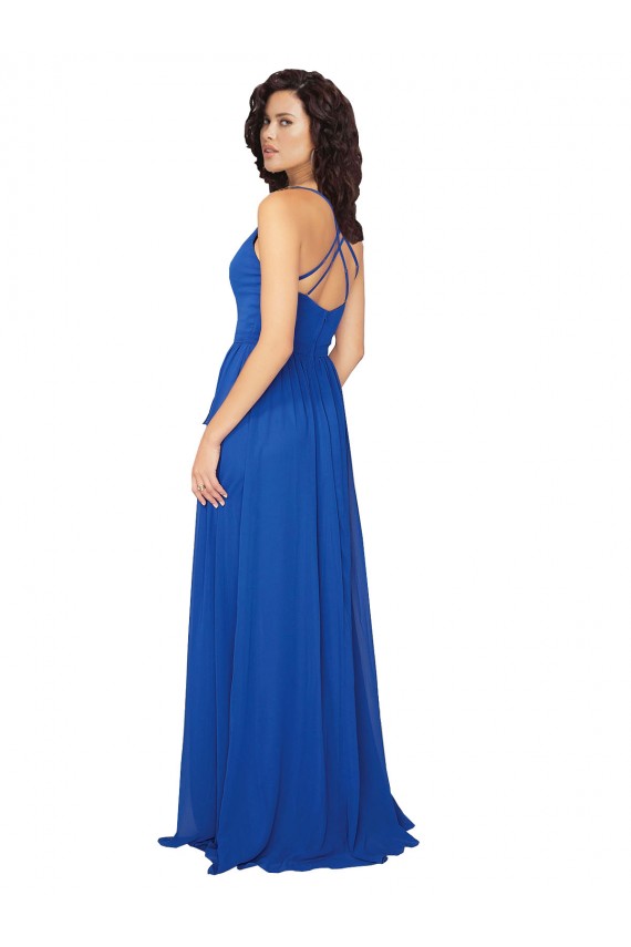 Azul Real Chiffon Linha A Sem Mangas Decote V Criss Cruz Longo Vestidos de Madrinha Acessíveis
