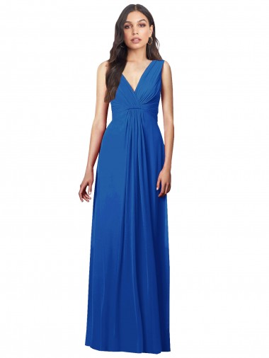 Azul Real Chiffon Linha A Sem Mangas Decote V Longo Vestidos de Madrinha
