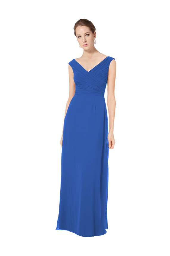 Azul Real Chiffon Linha A Sem Mangas Fora do Ombro Abrir de volta Longo Vestidos de Madrinha Acessíveis