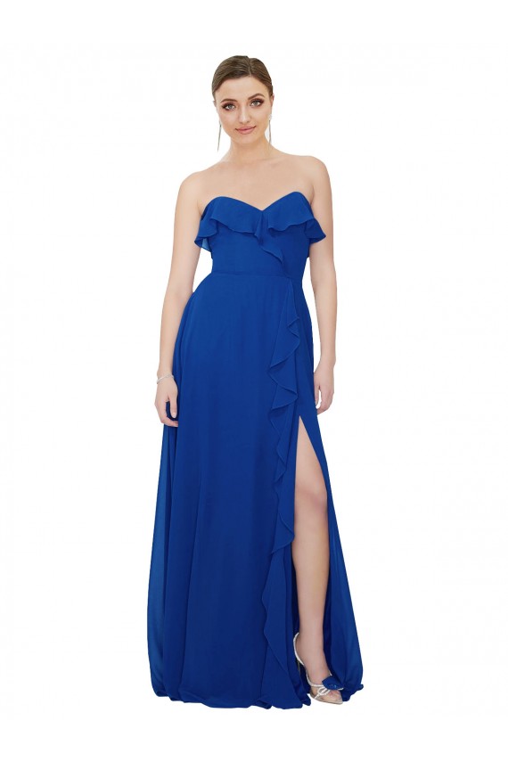 Azul Real Chiffon Linha A Sem alças Longo Vestidos de Madrinha Acessíveis