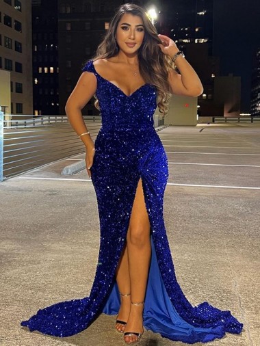 Azul Real Lantejoulas Veludo Bainha Decote V Longo Lantejoulas Veludo Vestidos de Festa