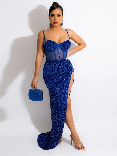 Azul Real Lantejoulas Veludo Bainha Sem Mangas Alças finas Longo Lantejoulas Veludo Vestidos de Festa