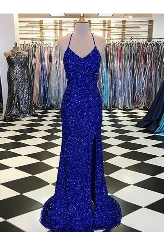 Azul Real Lantejoulas Veludo Bainha Sem Mangas Decote V Longo Lantejoulas Veludo Vestidos de Festa Acessíveis