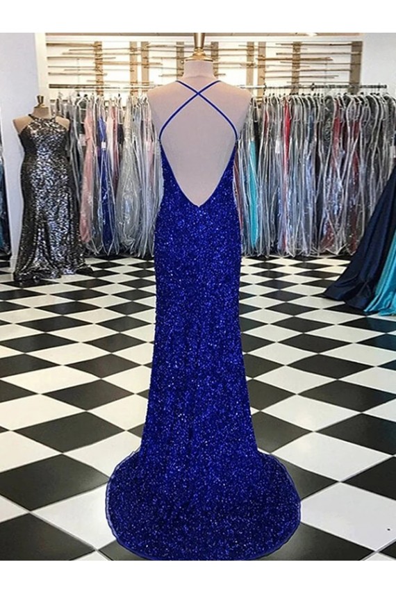 Azul Real Lantejoulas Veludo Bainha Sem Mangas Decote V Longo Lantejoulas Veludo Vestidos de Festa Acessíveis