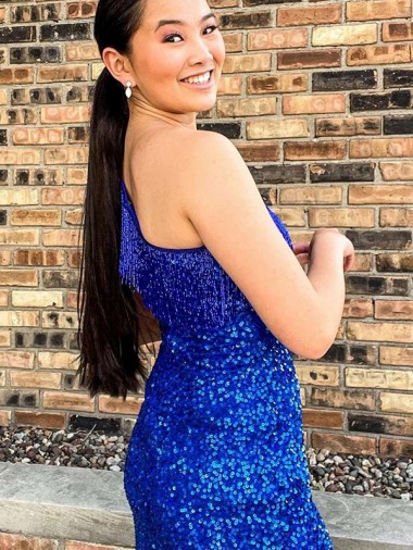 Azul Real Lantejoulas Veludo Bainha Sem Mangas Um Ombro Curto Lantejoulas Veludo Vestidos de Festa