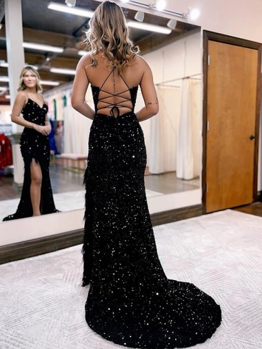 Azul Real Lantejoulas Veludo Sem Mangas Decote V Bainha Longo Lantejoulas Veludo Vestidos de Festa