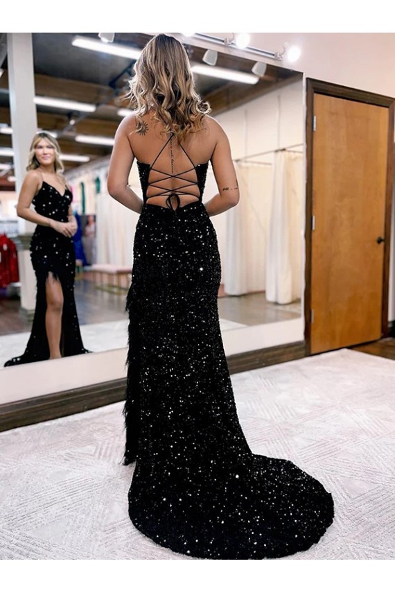 Azul Real Lantejoulas Veludo Sem Mangas Decote V Bainha Longo Lantejoulas Veludo Vestidos de Festa Acessíveis