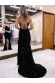 Azul Real Lantejoulas Veludo Sem Mangas Decote V Bainha Longo Lantejoulas Veludo Vestidos de Festa Acessíveis