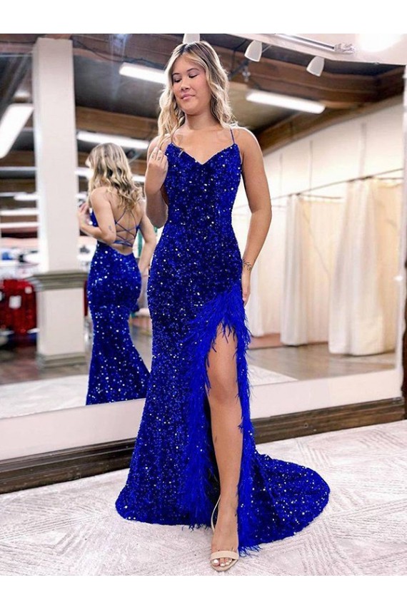 Azul Real Lantejoulas Veludo Sem Mangas Decote V Bainha Longo Lantejoulas Veludo Vestidos de Festa Acessíveis