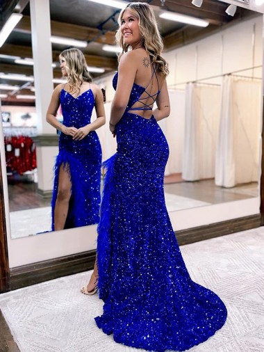 Azul Real Lantejoulas Veludo Sem Mangas Decote V Bainha Longo Lantejoulas Veludo Vestidos de Festa