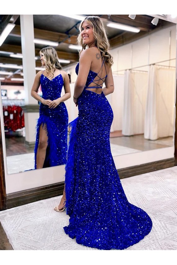 Azul Real Lantejoulas Veludo Sem Mangas Decote V Bainha Longo Lantejoulas Veludo Vestidos de Festa Acessíveis