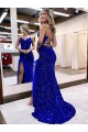 Azul Real Lantejoulas Veludo Sem Mangas Decote V Bainha Longo Lantejoulas Veludo Vestidos de Festa Acessíveis