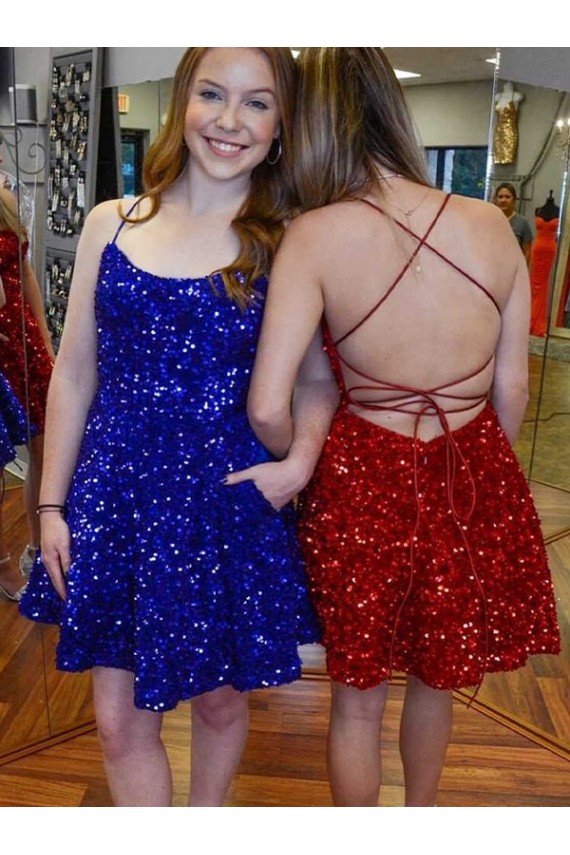 Azul Real Linha A Alças finas Curto Lantejoulas Veludo Curto Lantejoulas Veludo Vestidos de Festa Acessíveis