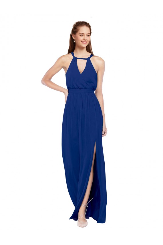 Azul Real Linha A Decote Alto Chiffon Longo Vestidos de Madrinha Acessíveis