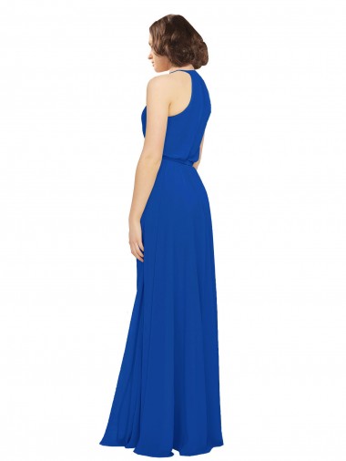 Azul Real Linha A Decote Joia Chiffon Longo Vestidos de Madrinha