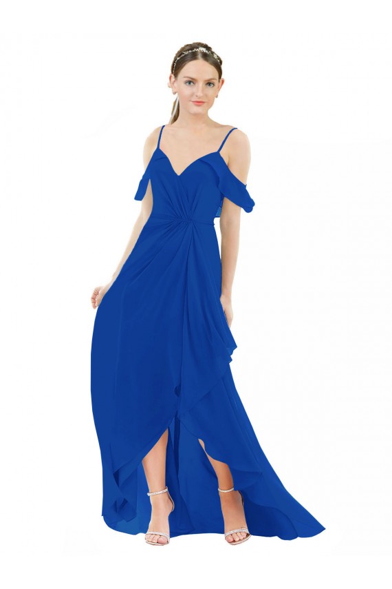 Azul Real Linha A Decote V Alto Baixo Chiffon Alto Baixo, Longo Alto Baixo Vestidos de Madrinha Acessíveis