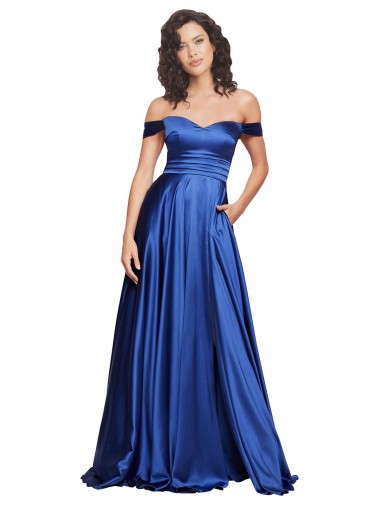 Azul Real Linha A Fora do Ombro Comboio Varredela Cetim Elástico Longo Formais Vestidos de Madrinha / Vestidos de Festa