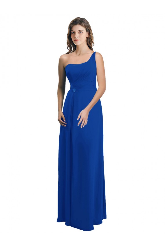 Azul Real Linha A Um Ombro Chiffon Longo Vestidos de Madrinha Acessíveis
