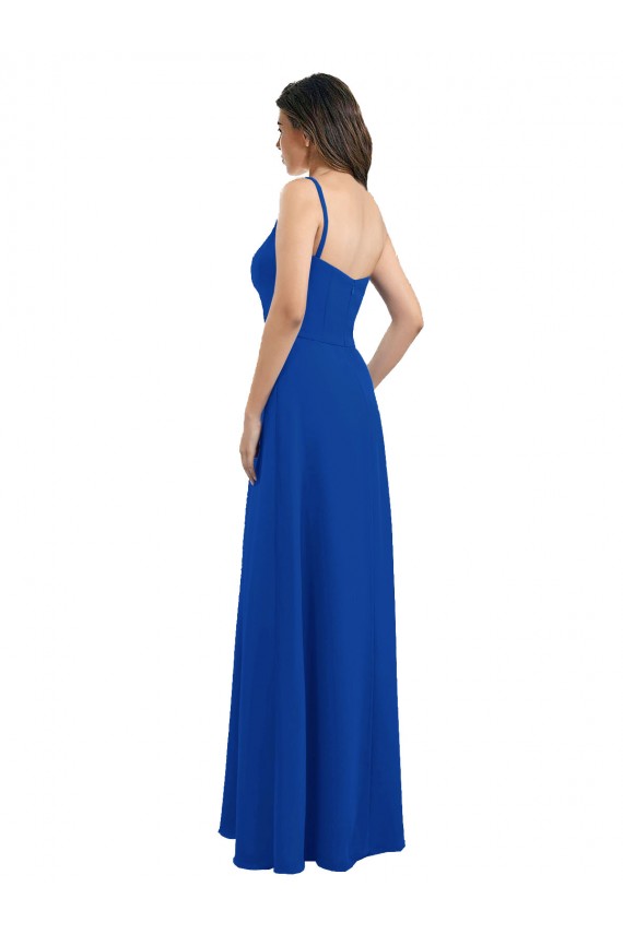 Azul Real Linha A Um Ombro Chiffon Longo Vestidos de Madrinha Acessíveis