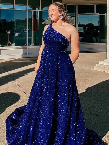 Azul Real Linha A Um Ombro Comboio Varredela Lantejoulas Veludo Longo Lantejoulas Veludo Vestidos de Festa