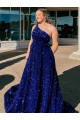 Azul Real Linha A Um Ombro Comboio Varredela Lantejoulas Veludo Longo Lantejoulas Veludo Vestidos de Festa Acessíveis