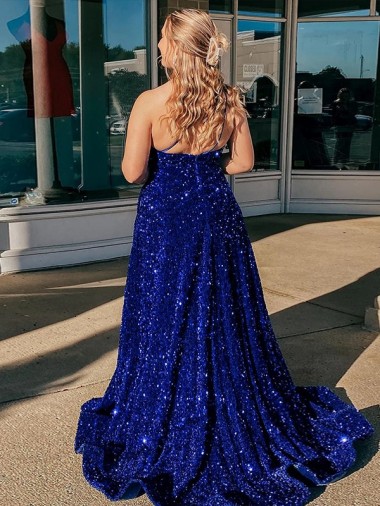 Azul Real Linha A Um Ombro Comboio Varredela Lantejoulas Veludo Longo Lantejoulas Veludo Vestidos de Festa