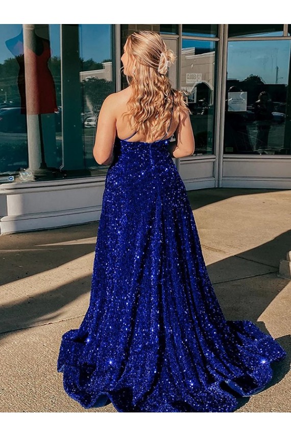 Azul Real Linha A Um Ombro Comboio Varredela Lantejoulas Veludo Longo Lantejoulas Veludo Vestidos de Festa Acessíveis