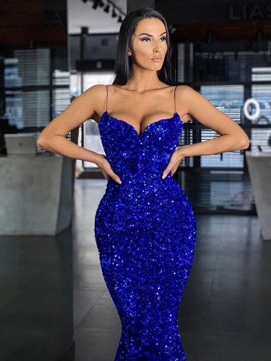 Azul Real Sereia Alças finas Comboio Varredela Lantejoulas Veludo Longo Lantejoulas Veludo Vestidos de Festa