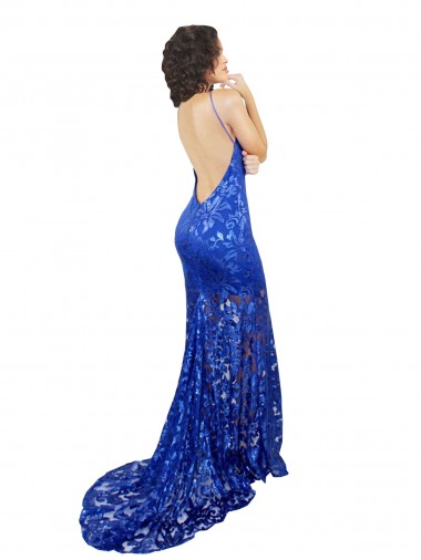 Azul Real Sereia Decote Alto Renda Longo Vestidos de Madrinha / Vestidos de Festa