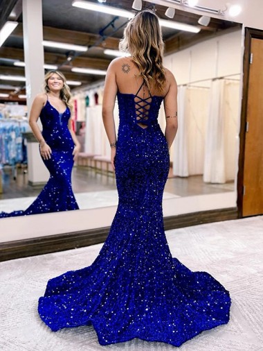 Azul Real Sereia Decote V Comboio Corte Lantejoulas Veludo Longo Lantejoulas Veludo Vestidos de Festa
