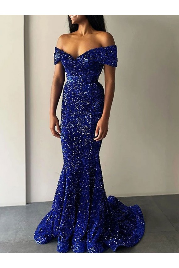 Azul Real Sereia Fora do Ombro Comboio Varredela Lantejoulas Veludo Longo Lantejoulas Veludo Vestidos de Festa Acessíveis