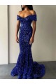 Azul Real Sereia Fora do Ombro Comboio Varredela Lantejoulas Veludo Longo Lantejoulas Veludo Vestidos de Festa Acessíveis