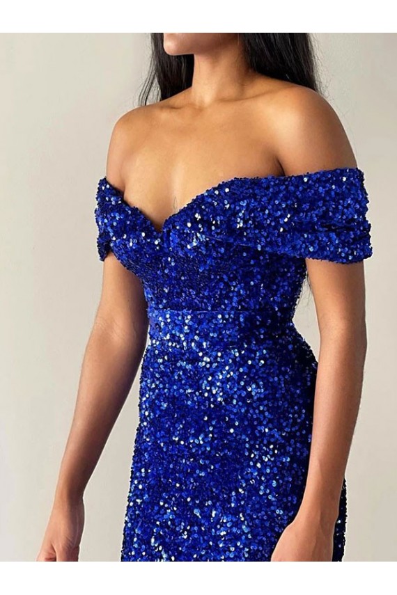 Azul Real Sereia Fora do Ombro Comboio Varredela Lantejoulas Veludo Longo Lantejoulas Veludo Vestidos de Festa Acessíveis