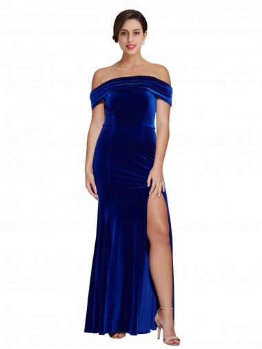 Azul Real Sereia Fora do Ombro Veludo Elástico Longo Formais Vestidos de Madrinha / Vestidos de Festa