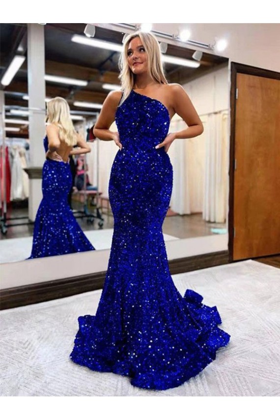 Azul Real Sereia Um Ombro Comboio Varredela Lantejoulas Veludo Longo Lantejoulas Veludo Vestidos de Festa Acessíveis