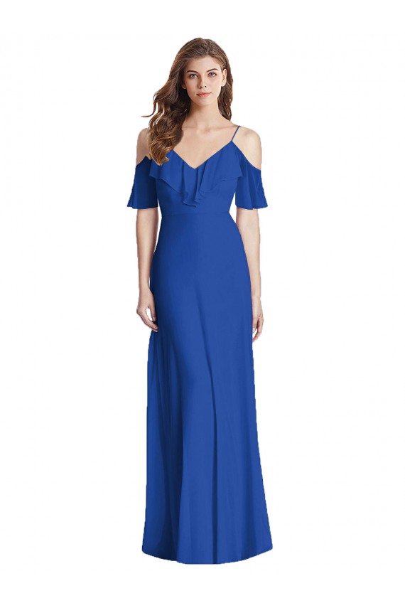 Azul Real Trombeta Alças finas Chiffon Longo Vestidos de Madrinha
