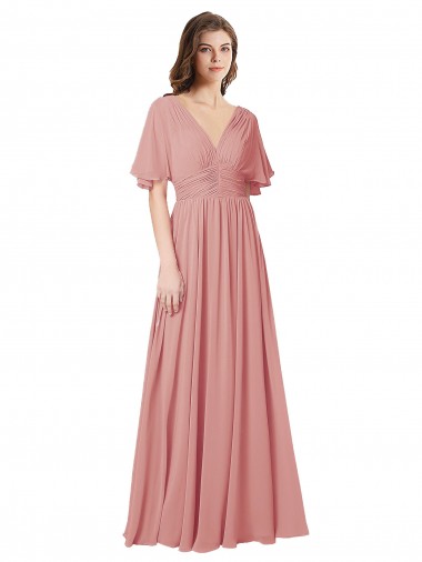 Bliss Chiffon Linha A Mangas Esvoaçantes Decote V Longo Vestidos de Madrinha