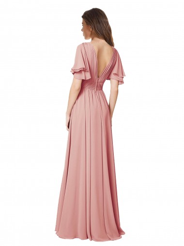 Bliss Chiffon Linha A Mangas Esvoaçantes Decote V Longo Vestidos de Madrinha