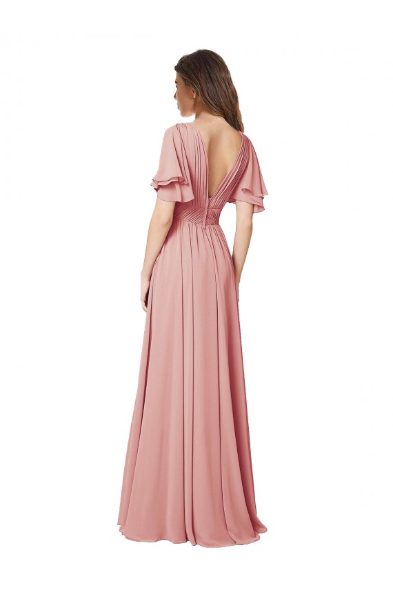 Bliss Chiffon Linha A Mangas Esvoaçantes Decote V Longo Vestidos de Madrinha Acessíveis