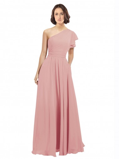 Bliss Chiffon Linha A Um Ombro Longo Vestidos de Madrinha