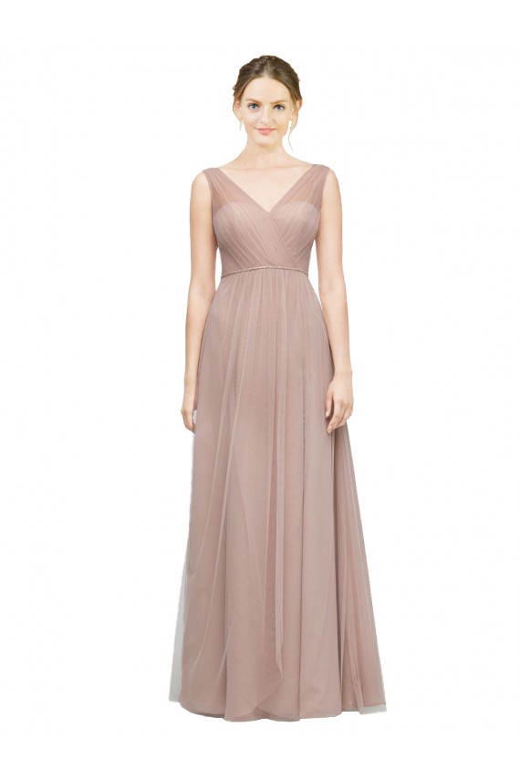 Blush Linha A Decote V Tule Longo Vestidos de Madrinha Acessíveis
