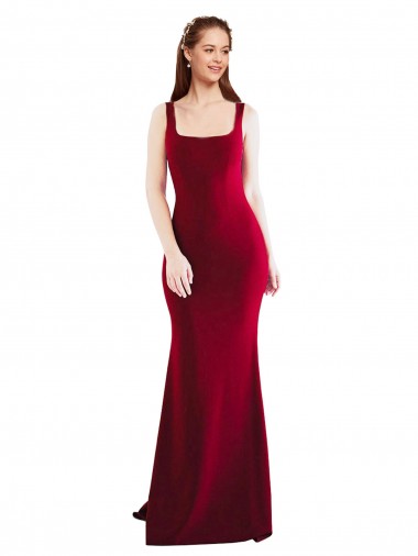 Borgonha 10 Sereia Decote Quadrado Crepe Esticado Longo Formais Vestidos de Madrinha / Vestidos de Festa