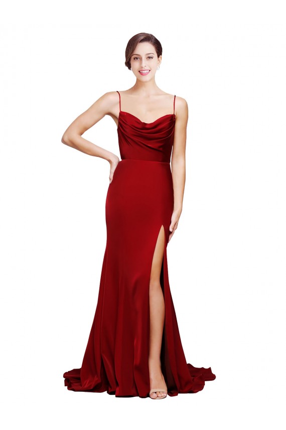 Borgonha Bainha Alças finas Comboio Varredela Cetim Elástico Longo Formais Vestidos de Madrinha / Vestidos de Festa