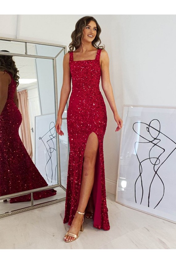 Borgonha Bainha Decote Quadrado Lantejoulas Veludo Longo Lantejoulas Veludo Vestidos de Festa Acessíveis